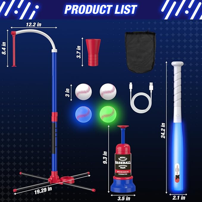 HYES 3-in-1 LED Baseball Set for Kids 3-5 - Tee Ball Stand, Hanging Tee, Ball Launcher and 4 Softballs - Adjustable Height, Indoor/Outdoor Sport Gifts for Boys Girls, Blue