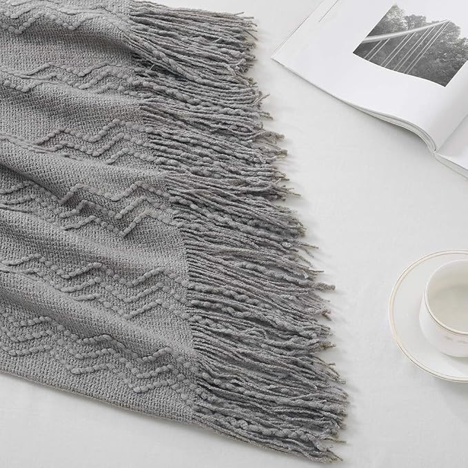 BOURINA Dark Grey Throw Blanket 60x80 Inch Knitted Soft Throw Sofa Blanket | Knitted Throw Blanket 60x80 Inches, Soft Lightweight Boho Weave Throw Decorative Couch Blanket for Living Room Bedroom Chair