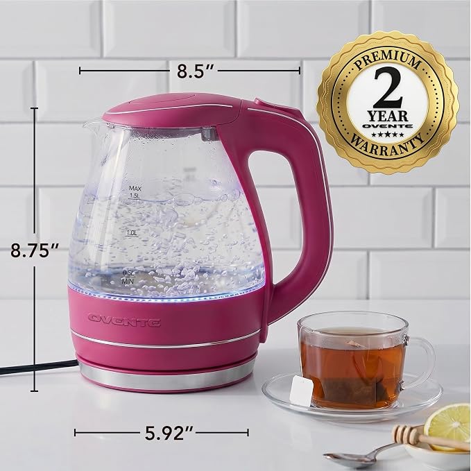 OVENTE Electric Kettle, 1.5L Borosilicate Glass Countertop Water Heater and Boiler for Coffee or Tea, BPA-Free, Auto Shut-Off, Boil-Dry Protection, Removable and Washable Spout Filter, Pink KG83F