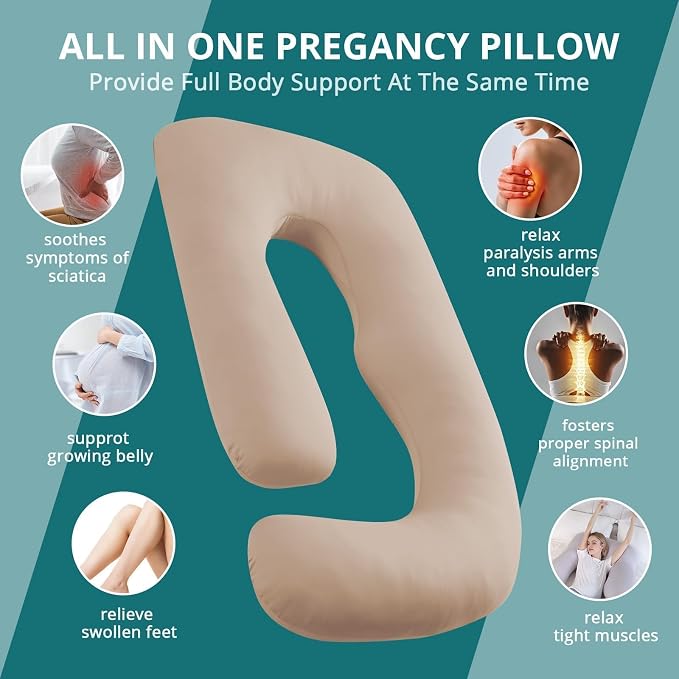 Sasttie Pregnancy Pillows for Sleeping, U Shaped Cooling Full Body Pillow with Removable Cover, Pregnant Women Must Haves, Maternity Essential, Beige