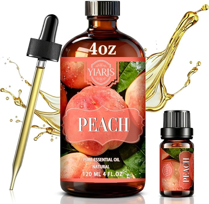 Peach Essential Oil-YIARIS Peach Essential Oil with Glass Dropper-4.33 Fl Oz,Pure and Natural Fragrance Oil for Diffuser,Skincare,Bath,Spa,Cleaning,Massage,DIY Candle,DIY Soap