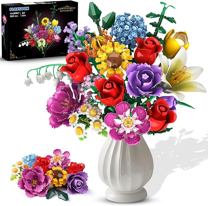 Flower Bouquet Building Set, 18 Flowers Rose Building Block, 1065 PCS Botanical Collection Building Block Toy Plant Home Decor, Gift for Her Adults Women Kids Boys Girls 12+