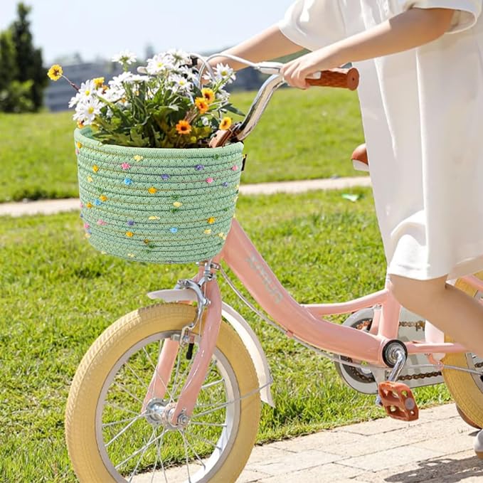 Kids Bike Basket for Boys and Girls, Children's Bicycle Basket Woven With Sisal Rope, Cute Decorative Accessories for Balance Bikes and Scooters