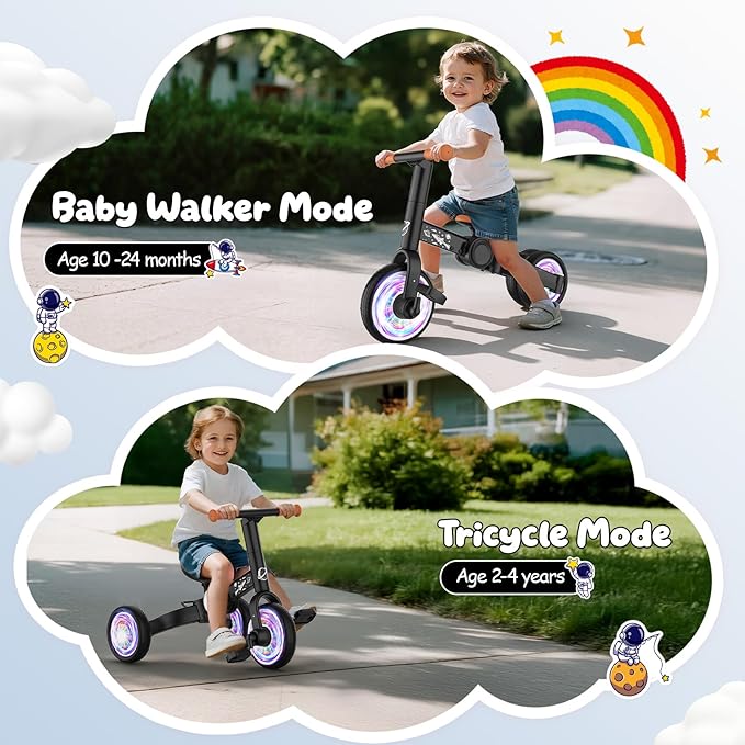 3 in 1 Toddler Balance Bike for 1-4 Year Olds, Colorful Lighting Baby Toddler Tricycle for 1 2 3 4 Year Old with Removable Pedals, Kids Bicycle Toy for Boys Girls Balance Training, Birthday Gift