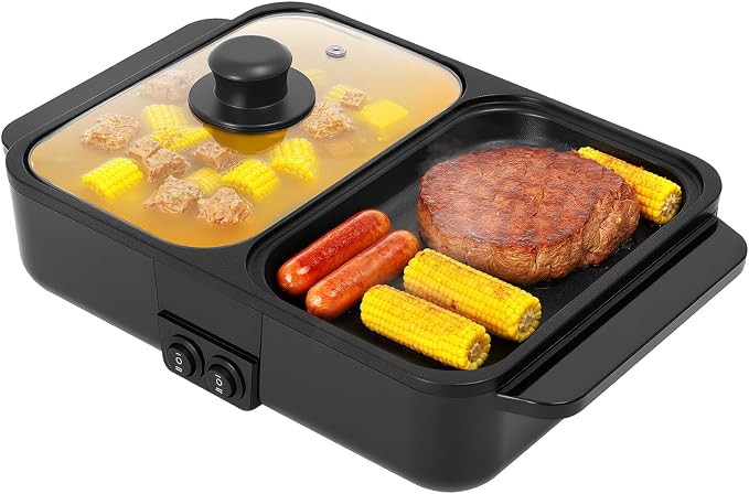 Electric Hot Pot with Grill 2 in 1 Korean BBQ Grill Indoor Cooking Electric Shabu Shabu Pot Indoor Smokeless Grill, Non-stick & Independent Dual Temperature Control (Black)