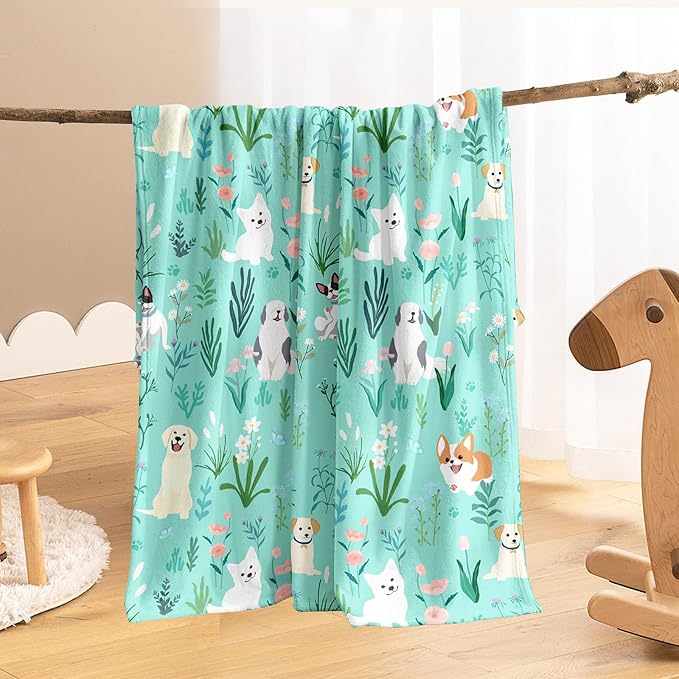 Wajade Floral Puppy Dog Blanket for Kids Toddler Soft Flannel Sage Green Bed Blanket for Kids Adults Teens Plush Cute Christmas Birthday Gifts 50"x60"