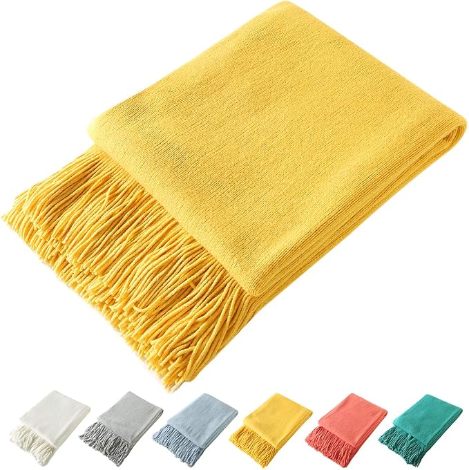 Homiest Yellow Knitted Throw Blanket with Fringe, 50x60 Inch | Pure Acrylic, Lightweight & Breathable, All-Season Use, Machine Washable, Wrinkle & Fade Resistant, for Couch Sofa And Bed