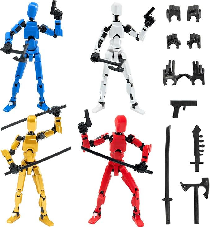4PCS Titan 13 Action Figures Set Robot Fidget Toys for Kids, Lucky Dummy T Nova N 13 Action Stick Figure Sensory Toy for Boys, Multi Movable Joints Fidgets (Golden+White+Blue+Red)