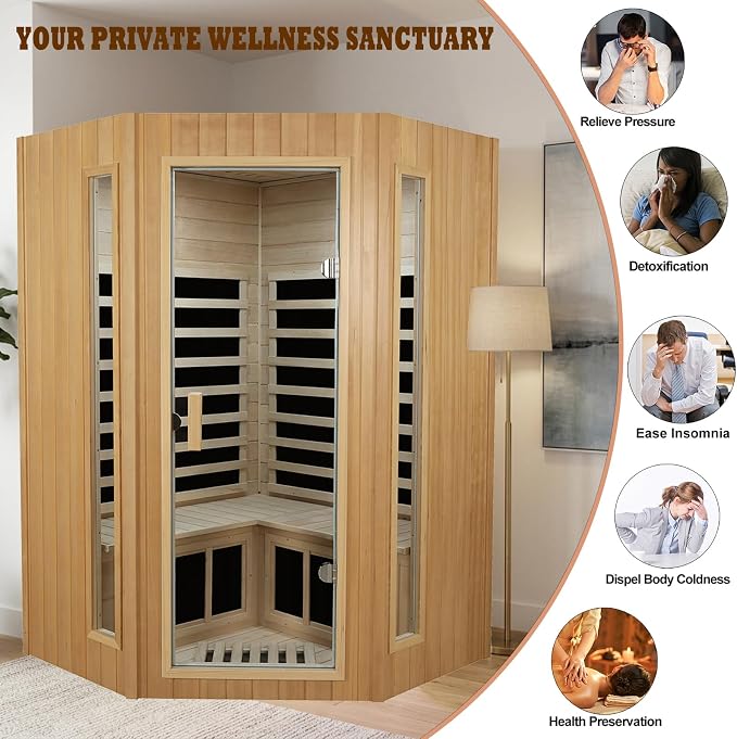 Kanlanth 2-3 Person Sauna, Low EMF Infrared Saunas for Home, 1,670Watt, Side Glass Window Indoor Sauna with Rapid Heating 5 Carbon Panels, LED Reading Lamp, Bluetooth, Control