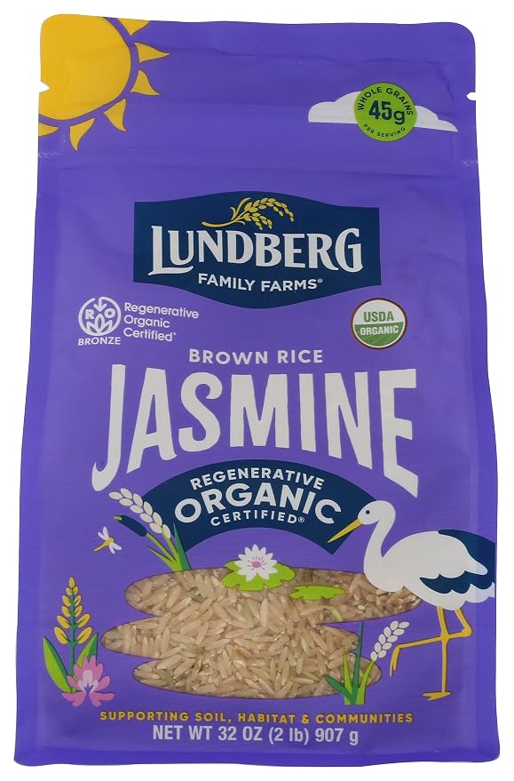 Lundberg Organic Jasmine Brown Rice – Long-Grain, Fluffy & Aromatic, Responsibly Grown in California, 32 Oz