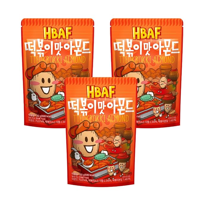 [HBAF] Korean Tteokbokki Seasoned Almonds Nut Protein Snack | Sweet & Spicy Korean Street Food | After-School, Work, Trip Camping Snack | Gochujang Rice Cake Paste | Korean Sovenior (Toppoki, 3 x 120gram pack)