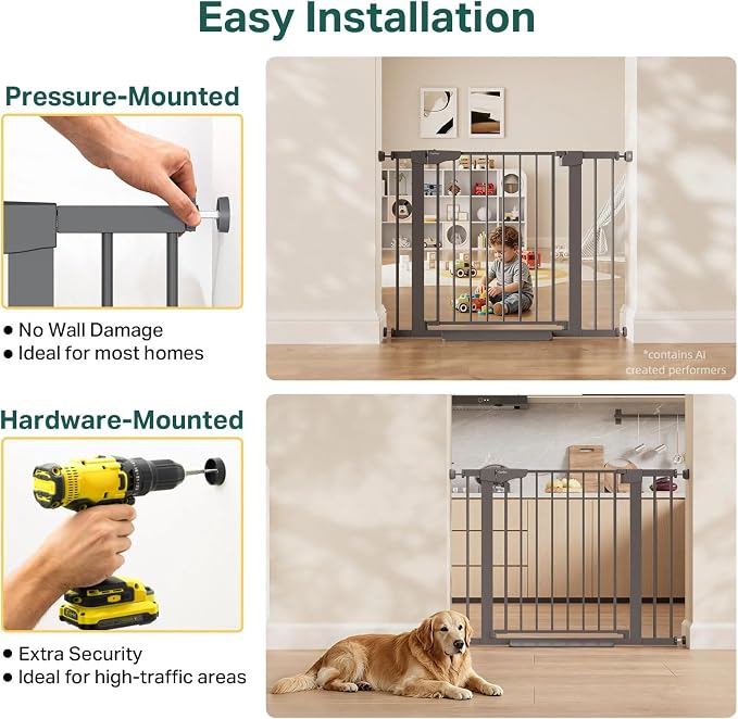 Cumbor 30-40.6" Baby Gate for Stairs and Doorways, Mom's Choice Award Winner, Pressure Mounted Indoor Dog Gate, Easy Walk Through Door, Child Safety Double-Lock, Pet Friendly, Cool Gray