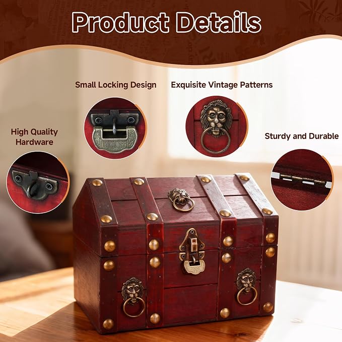 Large Vintage Wooden Treasure Chest Antique Box with Metal Lock | Wood Jewelry Box Storage Decorative Boxes Handmade Rectangle Organizer for Women Ring Necklace Earring Coins Collectibles