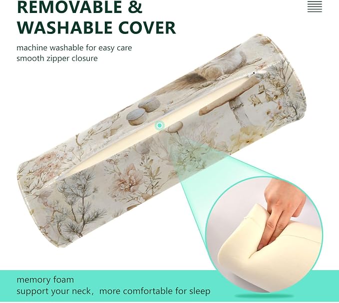 Beige Squirrels Mushrooms Flowers Plants Neck Roll Pillow Bolster Round Health Memory Foam Long Cervical Cylinder Pillows with Removable Washable Cover for Body Bed Legs Back Yoga