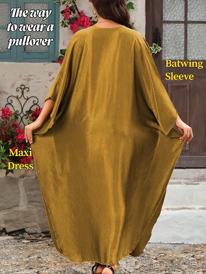 ChiaoLezhee Print Moo-Moos for Women, Kaftan Cover-Up Dresses, Sexy V-Neck High-Slit, Beach Pool-Party Coverups Muumuu Plus