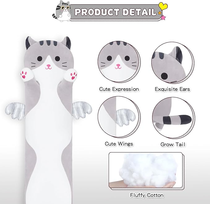 Long Cat Body Pillow for Kids, Cute Cat Stuffed Animals Gifts for Girls, Long Cat Plush Toy for Birthday, Soft Cat Plushies Pillow (Grey, 35.4in/90cm)