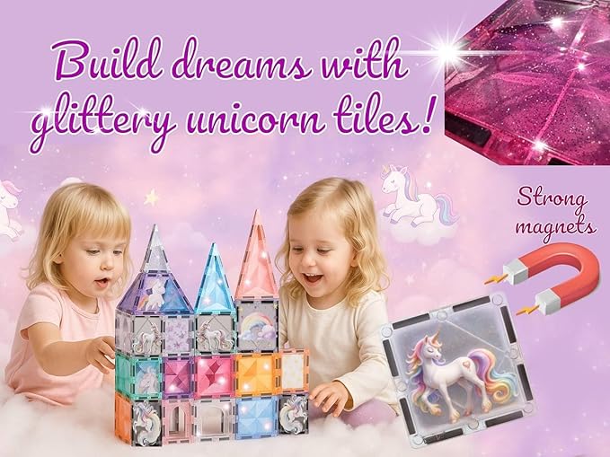 Glitter Unicorn Pony Magnetic Tiles: Building Blocks Toys for Kids - Hearts, Stars, Rainbow Castle Playset for Creative Kids, STEM Frozen Princess Birthday Gift for Girls Ages 3 4 5 6 7 8 and Up