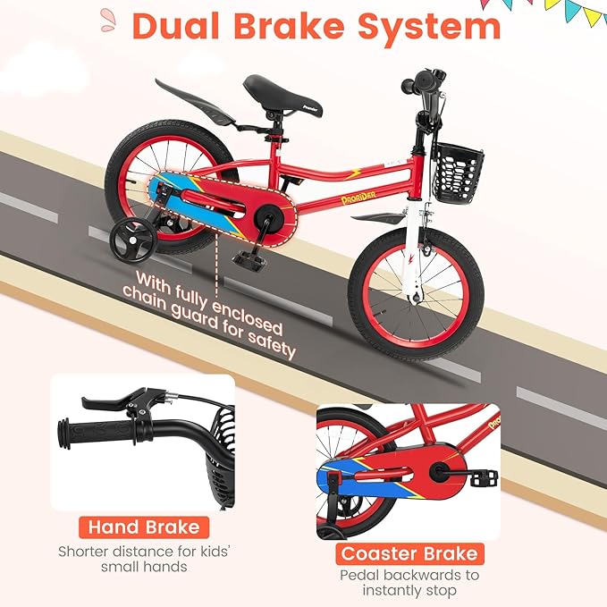 BABY JOY Kids Bike, 12 14 16 18 20 Inch Children Bikes for Boys Girls Teens 3-8 8+ Years w/Training Wheels or Kickstand, Handbrake, Coaster Brake & Removable Basket, Kids Bicycle of Multiple Colors