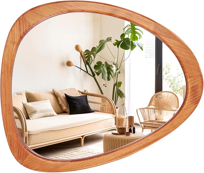 Asymmetrical Mirror, Irregular Wall Mirror for Bathroom, Bedroom, Living Room, Entryway, Hall - Walnut Wood Framed 23" H x 19" W