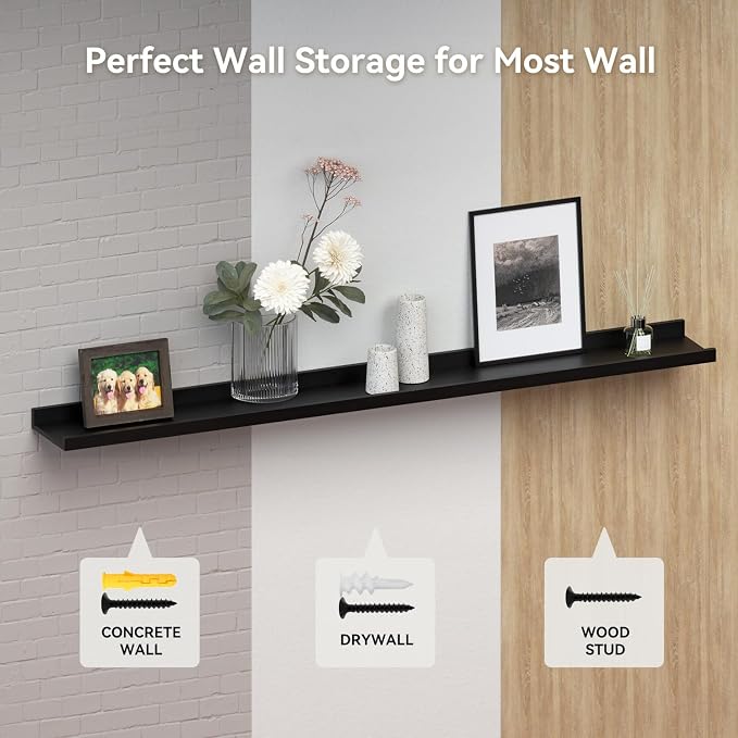 Boswillon Floating Shelves Set of 2, Long Wall Shelf with Lip, 48in, Black | Display Ledge Shelf for Room Wall, Wall Decor Shelves for Bathroom, Living Room, Bedroom, Kitchen, Nursery Room, Modern, Wood