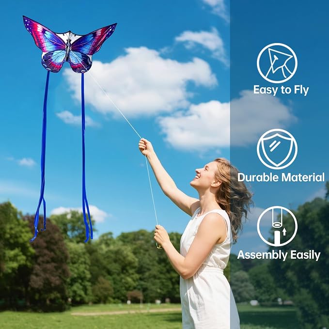 Butterfly Kites for Kids and Adults, Easy to Fly Large Single Line Kite for Boys and Girls - 55" x 28" Beach Kite for Beginners, 300ft String Handle Included