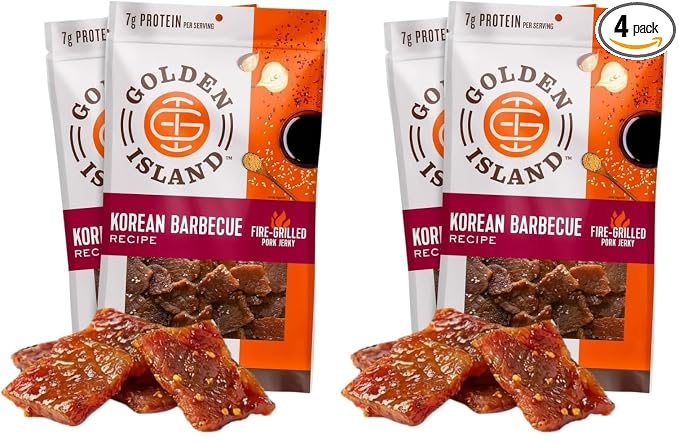 Golden Island Korean BBQ Pork Jerky - (4 Pack) 9 oz Resealable Bag - Fire-Grilled Specialty Meat Snack - Sweet & Savory Protein Snack - 7g Protein per Serving - Made with 100% All-Natural Pork