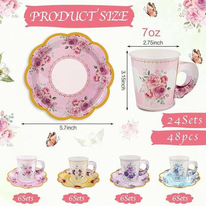 24 Sets Disposable Paper Tea Cups 7 OZ Floral Tea Party Cups with Handle and Plates Teacups and Saucer Sets for Garden Party Baby Bridal Shower Birthday(Watercolor Style)