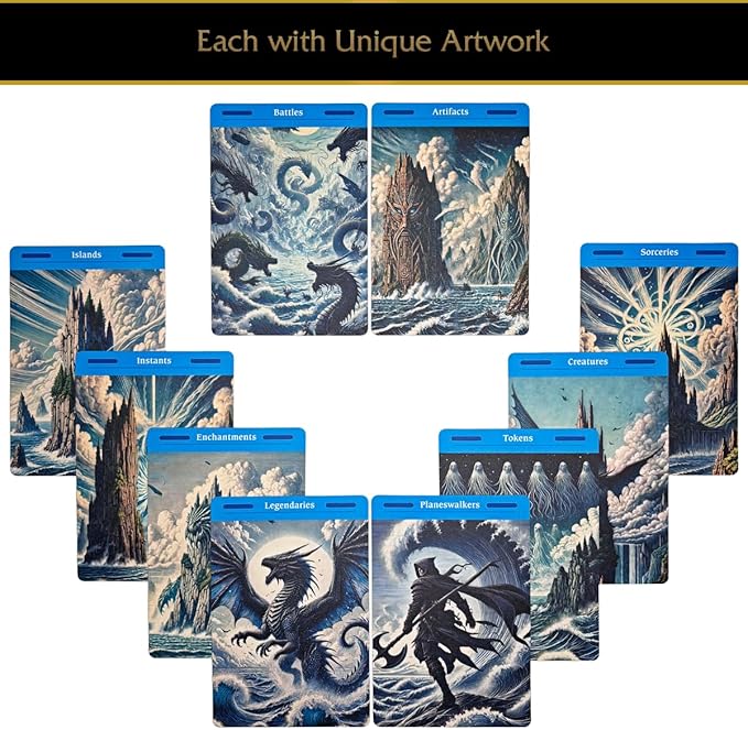 MTG Card Dividers - 77 Plastic Magic Dividers for Deck & Storage Box Organization. Unique Artwork, Color & Type Organizers for Magic The Gathering Cards (2.6 x 3.8 Inches)