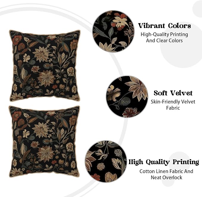 Black Boho Vintage Flowers Velvet Pillow Covers 16x16 Inch Retro Art Brown Floral Throw Pillows for Couch Cushion Covers Pillowcase Farmhouse Bohemian Pillow Cases for Sofa Bed Bedroom