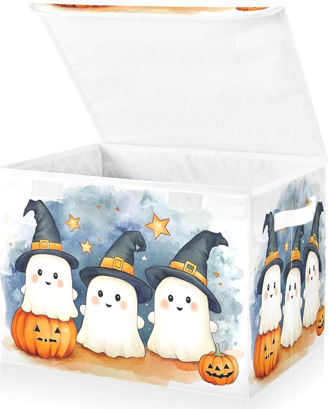 Cute Cartoon Ghosts Storage Bins with Lids and Carrying Handle,Foldable Storage Boxes Organizer Containers Baskets Cube with Cover for Home Bedroom Closet Office