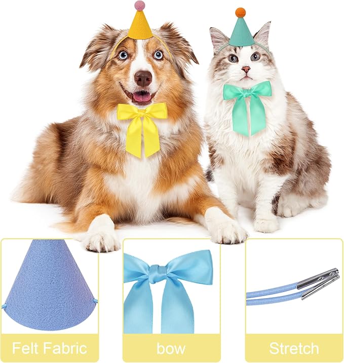 12pcs Mini Party Hats for Stuffed Animals, Birthday Party Cone Hats with Bow Tie for Dolls Dog Cat Rabbit Puppies Assorted Animal Birthday Decorations