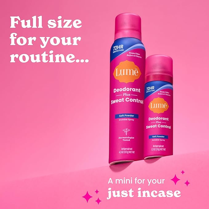 Lume Deodorant Plus Sweat Control - Invisible Spray - Extra Strength Antiperspirant For Underarms - 72 Hour Odor And Sweat Control - Baking Soda Free - Full Size + Mini 2 Pack (Soft Powder)