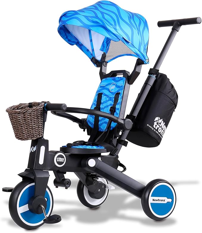 Adventure Pro Summer Edition - Foldable Tricycle for Toddlers-Big Canopy, Basket,Travel Backpack and Parent Bag - Toddler Tricycle for Ages 10 Months to 5 Years (Waves/Blue)