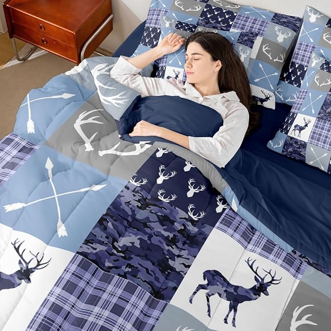 Feelyou Hunting Camo Deer Comforter Set Queen Size 7pcs Blue Camouflage Hunter Bedding Set Wildlife Animal Bed in a Bag with Comforter, Sheets, Pillowcases, Cushion Covers Rustic Western Decor