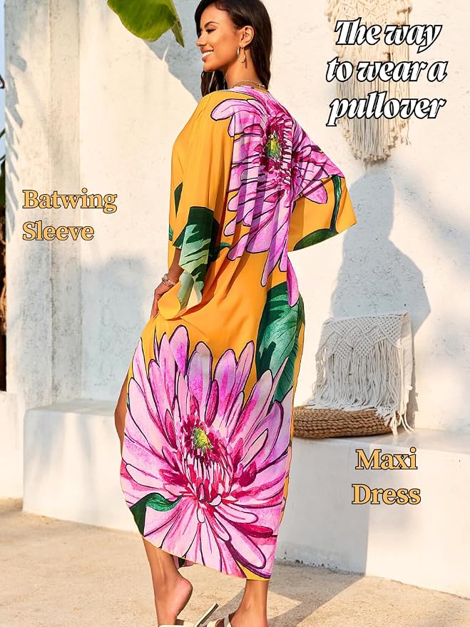 ChiaoLezhee Print Moo-Moos for Women, Kaftan Cover-Up Dresses, Sexy V-Neck High-Slit, Beach Pool-Party Coverups Muumuu Plus