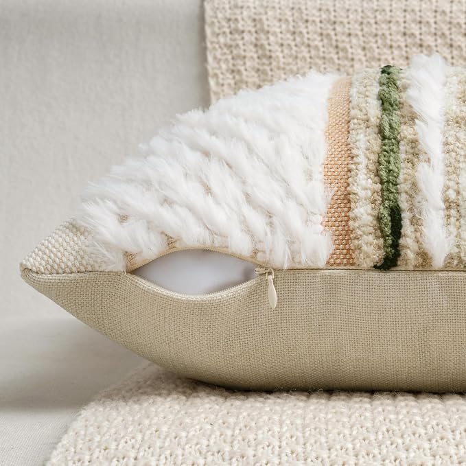 ANRODUO Boho Decorative Throw Pillow Covers Plush Green 18x18 Pack of 2 | Chenille Tufted Couch Pillow Covers, Farmhouse Pillow Covers, Accent Neutral Pillowcase, Cushion Covers for Couch Sofa Bed