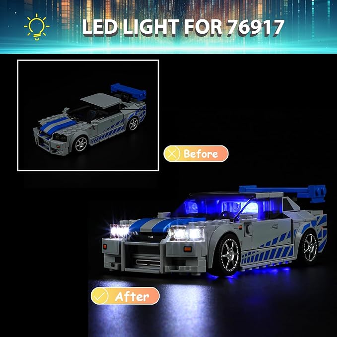 LED Light Kit for Lego Speed Champions Fast & Furious Nissan Skyline GT-R (R34) Toy Car Set, Blue Underglow Lights Compatible with Lego 76917 Set (Not Include Blocks Set)