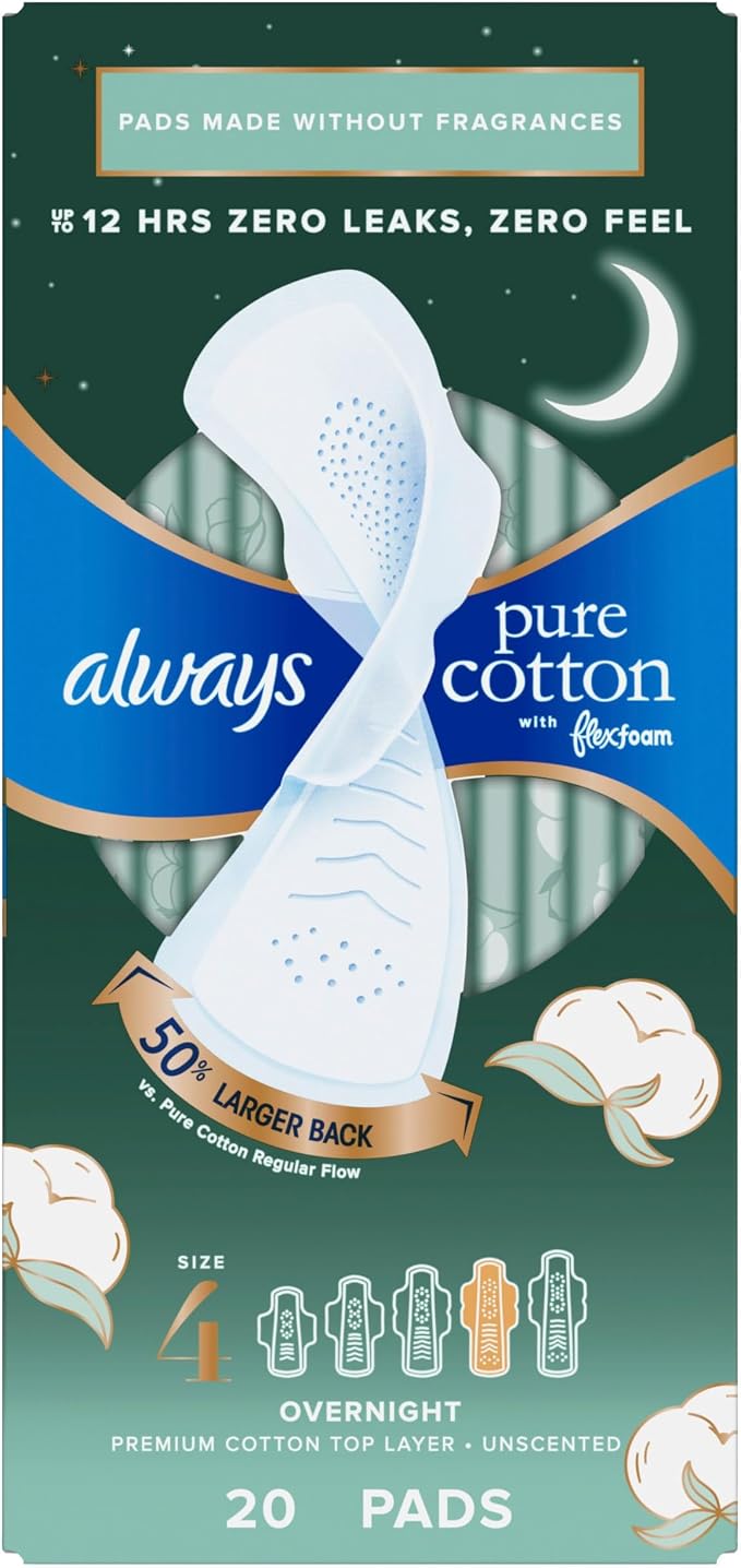 Always Pure Cotton Feminine Pads for Women, FlexFoam Pads with Wings, Size 4, Overnight Absorbency, Unscented, 60 Count (Pack of 2)