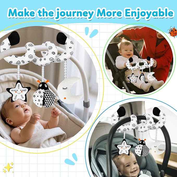 kizh Baby Hanging Stroller and Car Seat Toys High Contrast Baby Toys for Newborn Black and White Sensory Plush Activity Toy for Babies 0-6 Months-Bug