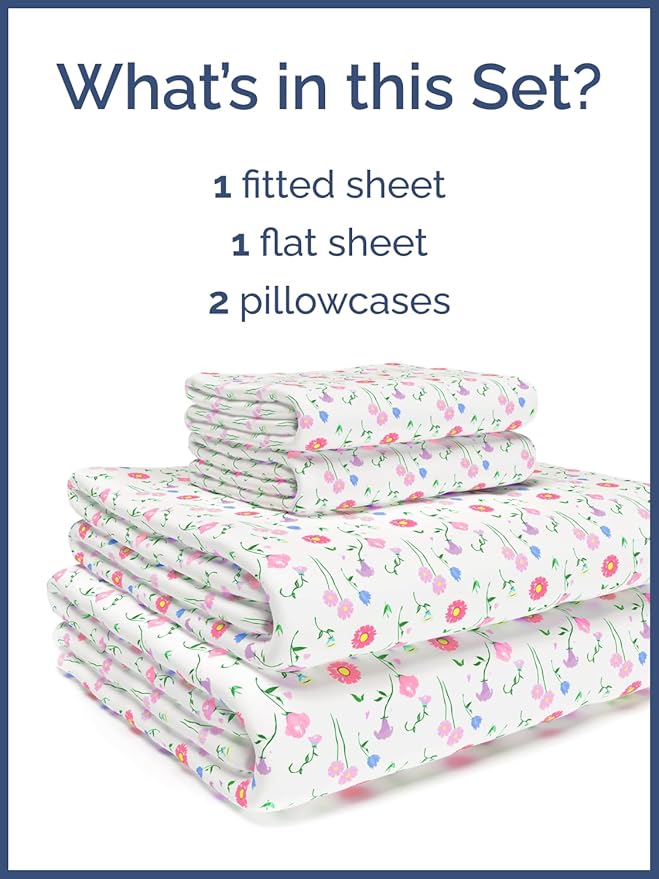 Kids King Size Bed Sheet Set - 4 Piece Kids Loft Bed Sheets - Floral Flower Themed Bedding - Soft, Cute - Breathable and Machine Washable - Pretty Pink Flower Bed Set for Boys, Girls, Teens & Toddlers