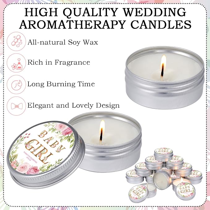 MTLEE 50 Pcs Baby Girl Shower Scented Candles Gift Travel Tin Candle Aromatherapy Candle Favors for Baby Shower Favors Wedding Gifts Compound Scent Essential Oil 1.57 x 0.67''