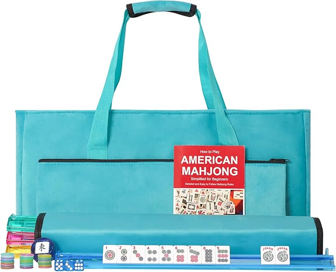 American Mahjong Game Set, 166 White Tiles, 4 All-in-One Color Rack/Pushers, Complete Mahjong Tiles Set with Blue Carrying Bag