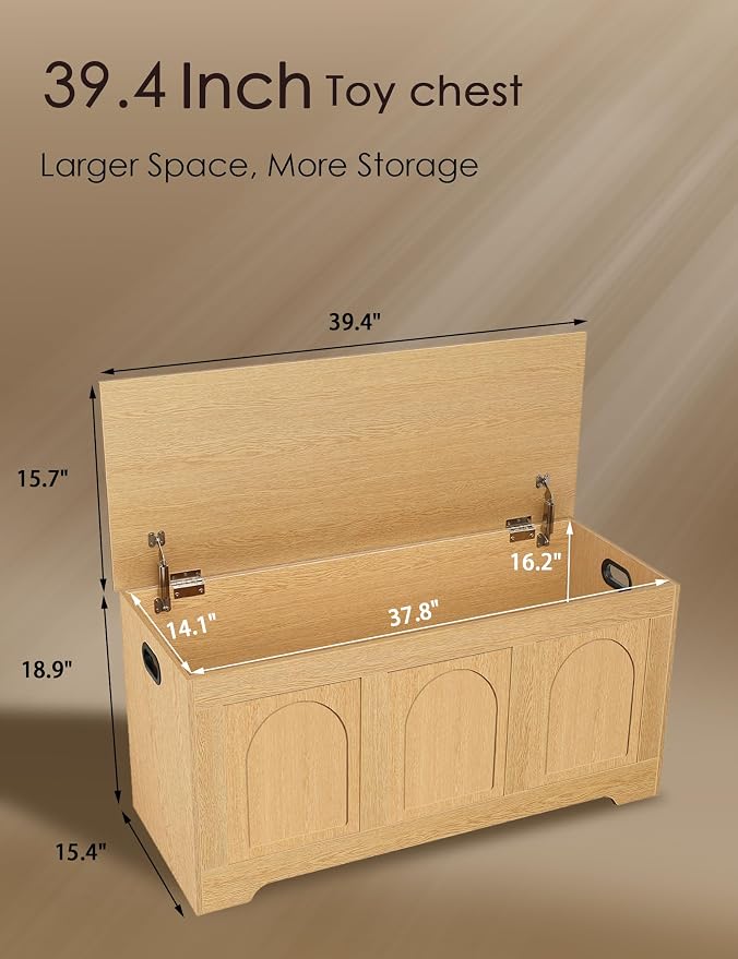 Storage Chest, Wooden Toy Box, Natural 39.4" L | Entryway Shoe Bench, 2 Soft-close Hinges, Finger-safe Flip-Top Lid, Easy Assembly, Farmhouse Large Trunk, Living Room/Bedroom