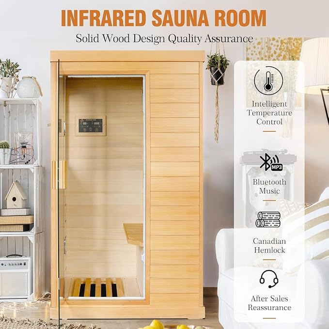 Far Infrared Sauna 1 Person Saunas for Home Spa Low EMF Dry Sauna | Canadian Hemlock Wood Indoor Sauna with Tempered Glass Door, Speaker, Reading Light, Easy Assembly, 1200W, 61.61*35.24*27.56"