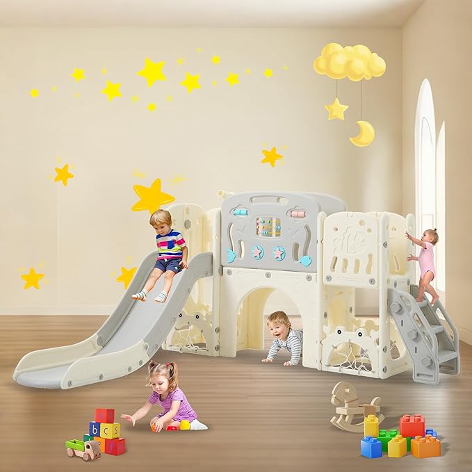11in 1 Toddler Slide, Kid Slide for Toddlers Age 1-3 with Telescope, Basketball Hoop, and Telescope, Indoor Outdoor Playset Playground Grey Beige