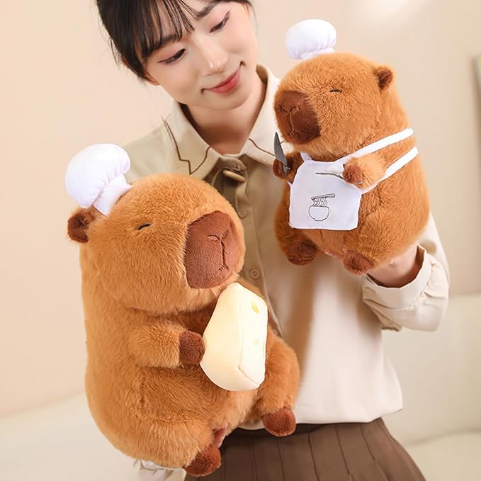 Capybara Plush with Cooking Chef Hat Holding Cheese 9.8 inch Cute Capibara Stuffed Animal Ultra Soft Plushies Toys Kawaii Gifts for Kids Brown