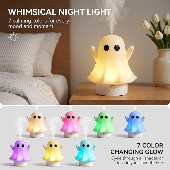 Cute Ghost Essential Oil Diffuser, 120ML Ultrasonic Cool Mist Humidifier with 7 Color Night Light & Auto Shut-Off, Ghost Room Decor for Bedroom & Office, Aromatherapy Gift for Women & Kids