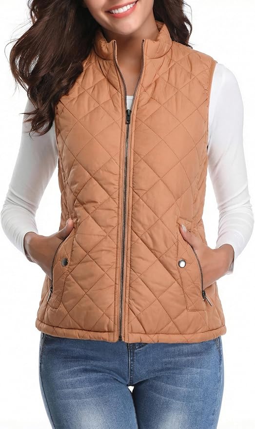 Fuinloth Women's Quilted Vest Lightweight Puffer Stand Collar Zip Gilet | 4 pockets with 2 inner storage. Quilted padded warm gilet. Fall winter outerwear layering vest for travel hiking daily wear.
