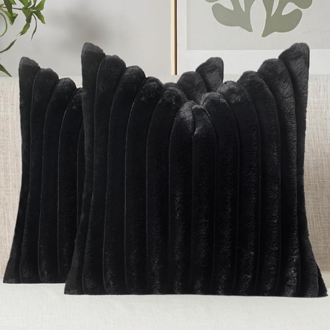 MIULEE Faux Fur Decorative Throw Pillow Covers 20x20 Set of 2 Black | French Modern Soft Plush Couch Pillows, Cozy Fluffy Cushion Covers for Sofa Bed Living Room Home Decor