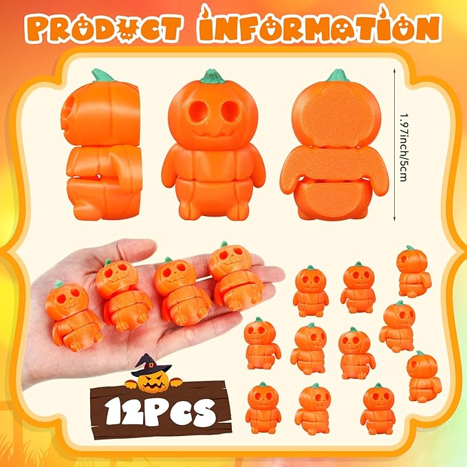 Honoson 12 Pcs 3D Printed Fidget Toy 3D Printed Pumpkin Man Small Animal Toy Flexible Halloween Christmas Decoration for Play and Display(5cm)